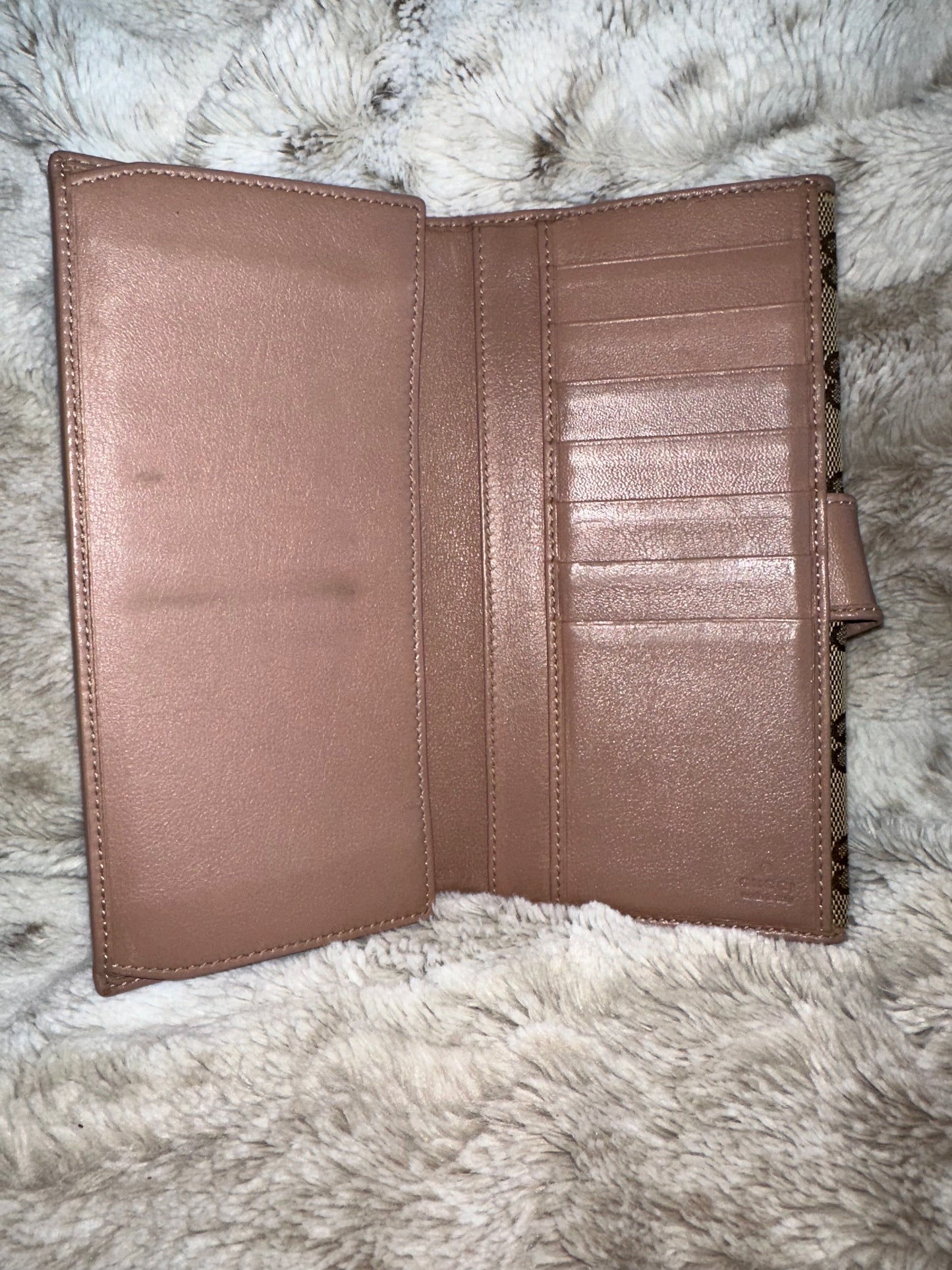 Pre-owned Gucci GG Canvas Mayfair Continental long wallet with a pink leather bow accent #12 AUTHENTIC