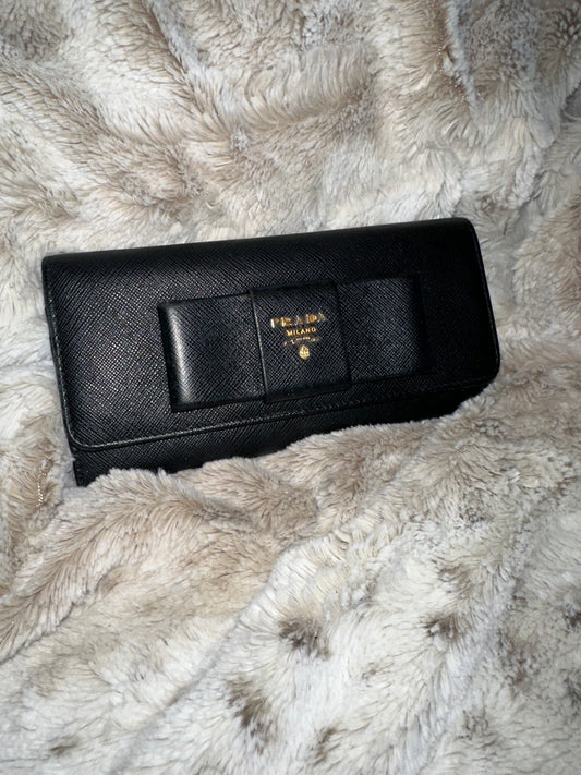 Pre-owned Prada Black Saffiano Fiocco Leather Bow Continental Wallet #14 AUTHENTIC