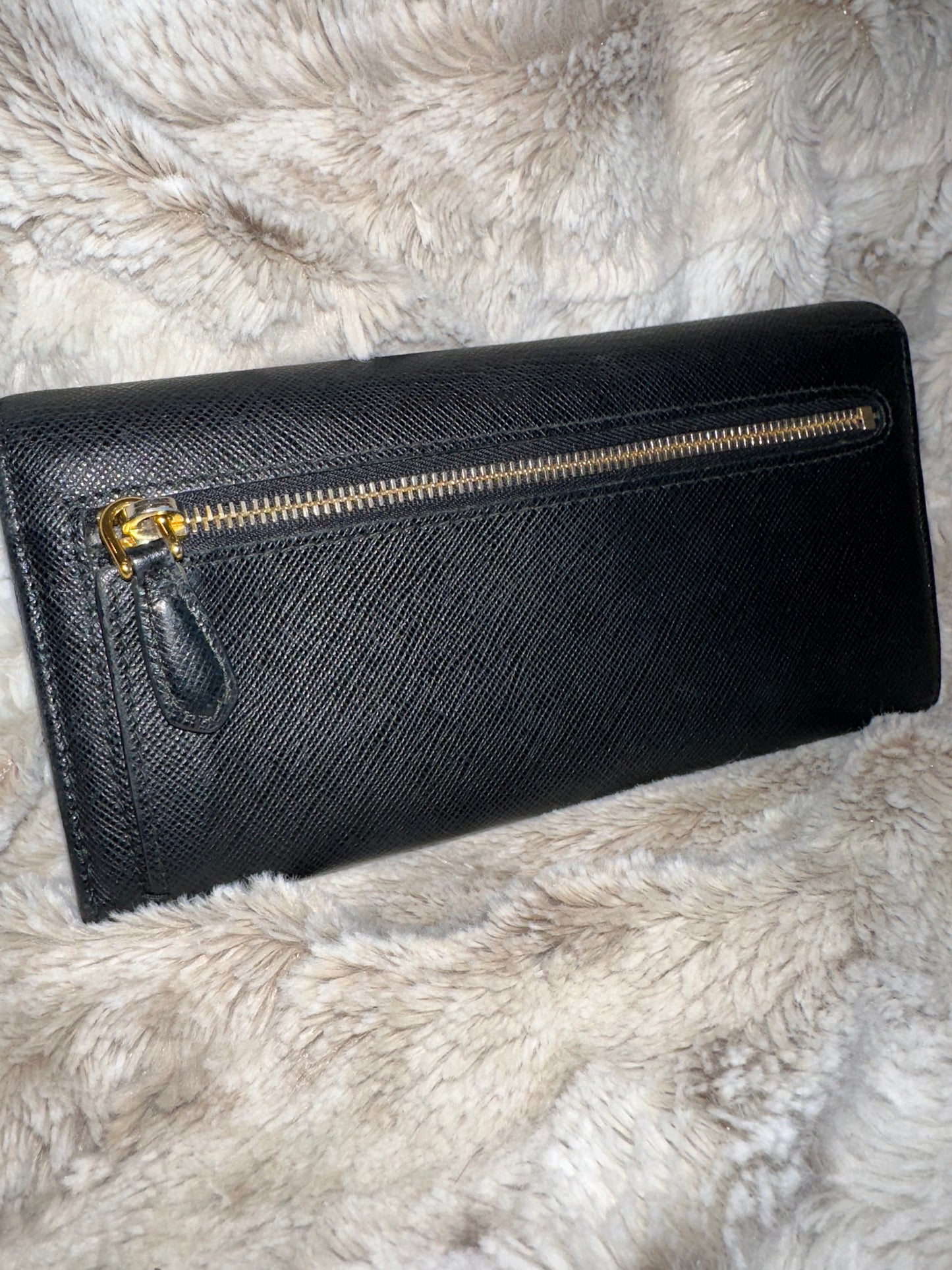 Pre-owned Prada Black Saffiano Fiocco Leather Bow Continental Wallet #14 AUTHENTIC