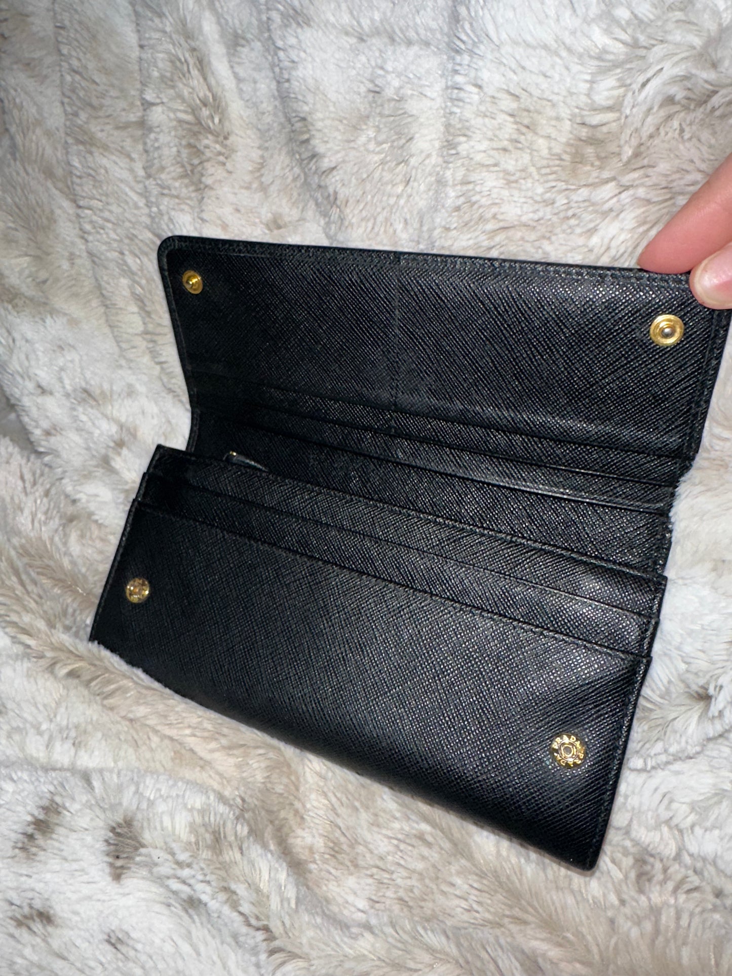 Pre-owned Prada Black Saffiano Fiocco Leather Bow Continental Wallet #14 AUTHENTIC