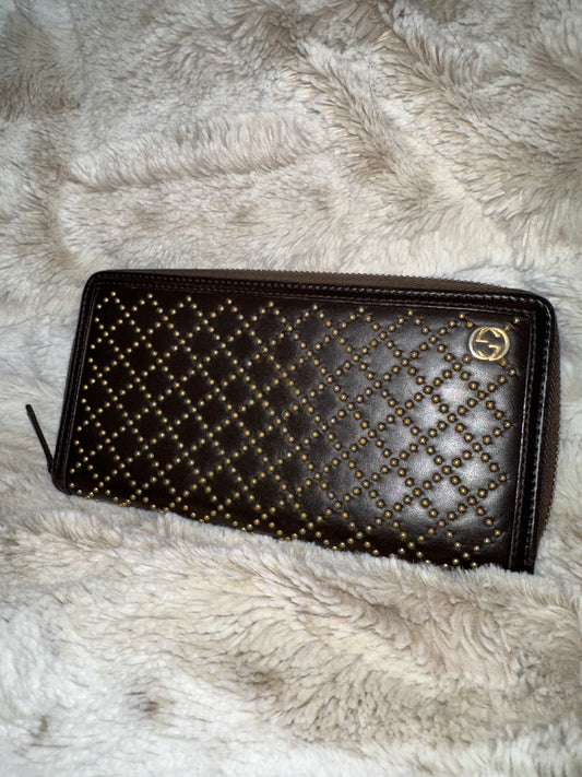 Pre-owned Gucci Studded Diamanté Continental Zip Around Wallet in dark brown leather #15 AUTHENTIC