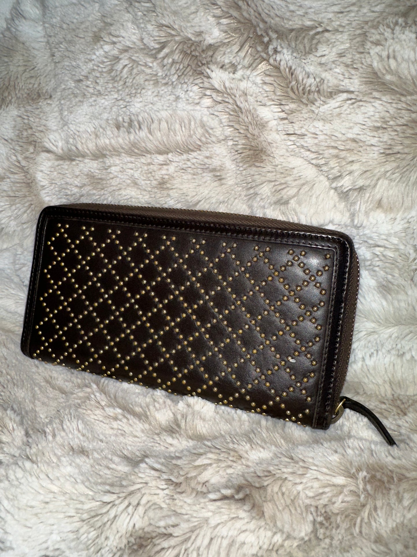 Pre-owned Gucci Studded Diamanté Continental Zip Around Wallet in dark brown leather #15 AUTHENTIC