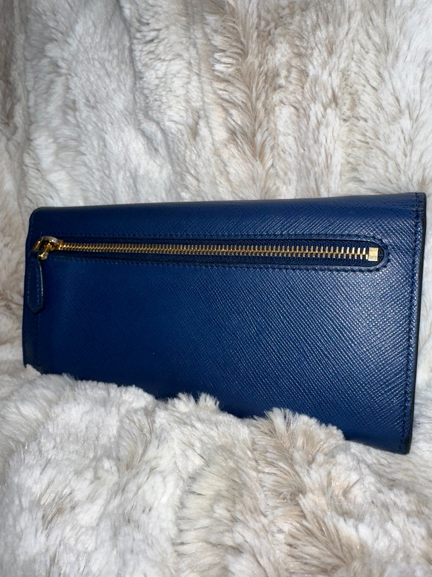 Pre-owned AUTHENTIC Prada Saffiano leather flap continental wallet in a deep cobalt/royal blue #22