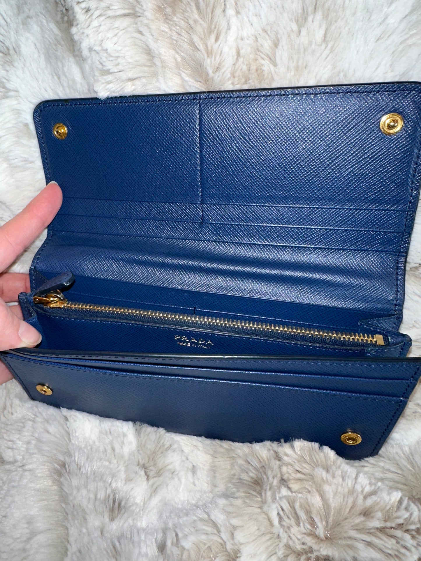 Pre-owned AUTHENTIC Prada Saffiano leather flap continental wallet in a deep cobalt/royal blue #22