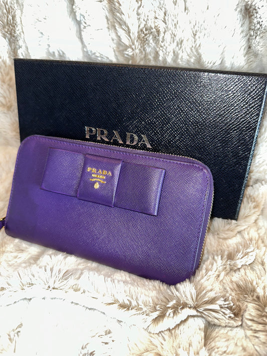 Pre-owned AUTHENTIC Prada Saffiano Bow Zip-Around Continental Wallet #23