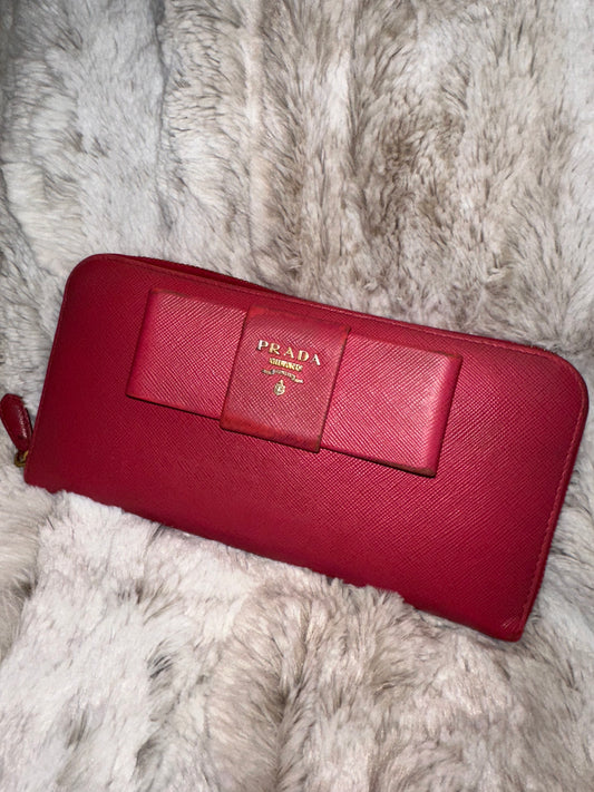 Pre-owned AUTHENTIC Prada Saffiano Leather Bow Zip-Around Continental Wallet #25