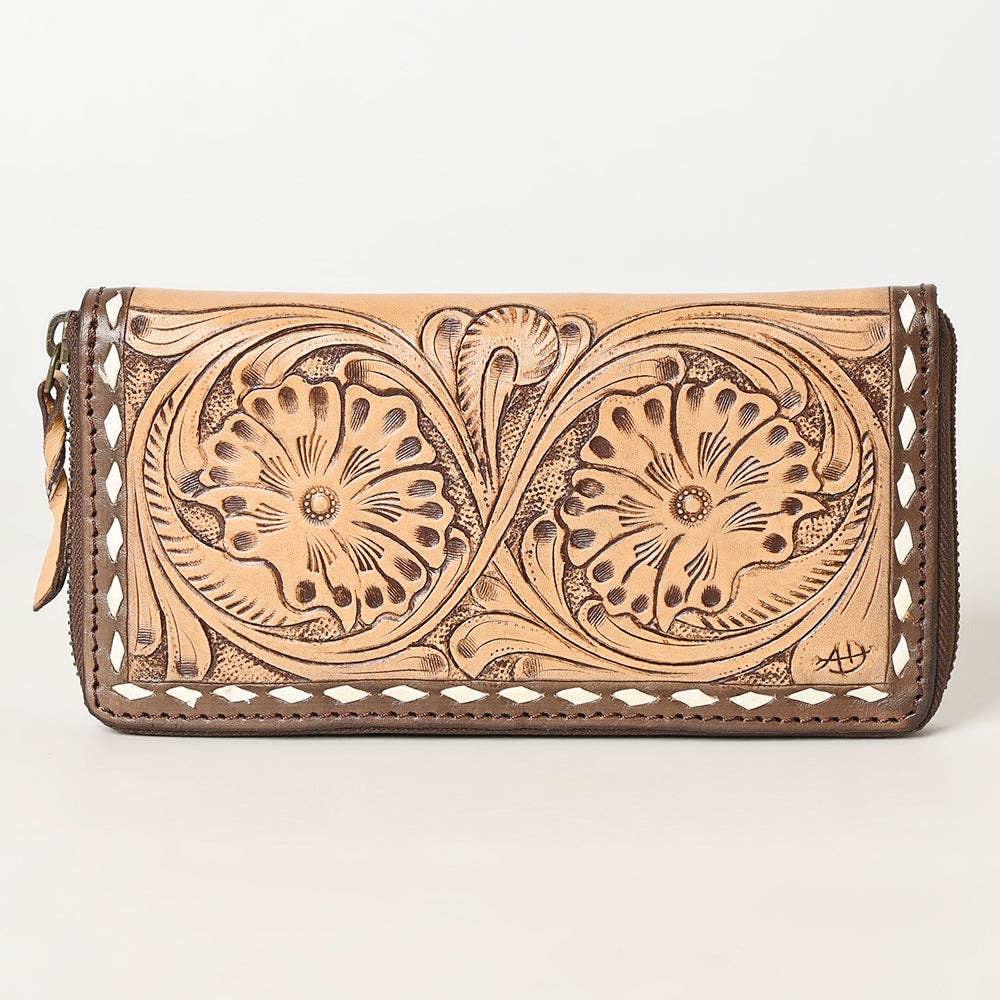 Hand Tooled Genuine Leather Floral Zip Organiser - Western Cowgirl Style