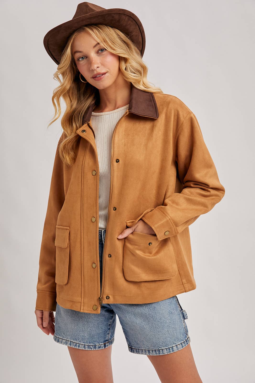 Bluivy - BUTTON DOWN FAUX SUEDE BARBOUR JACKET: CAMEL