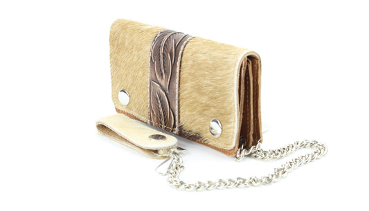 Brown hair on hide tooled leather chain wallet