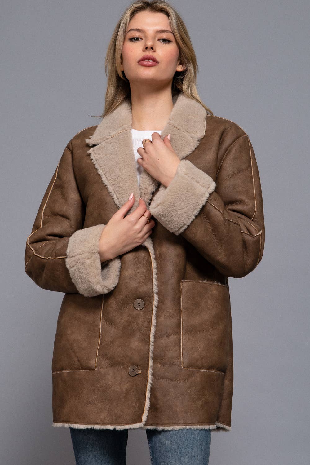 Lapel Collar Button Down Double Sided Faux Leather Coat