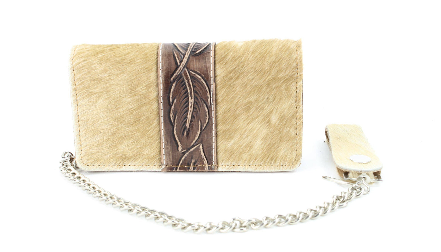 Brown hair on hide tooled leather chain wallet