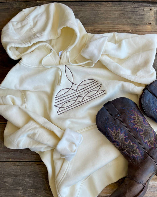 BOOT STITCH EMBROIDERED HOODIE: Cream