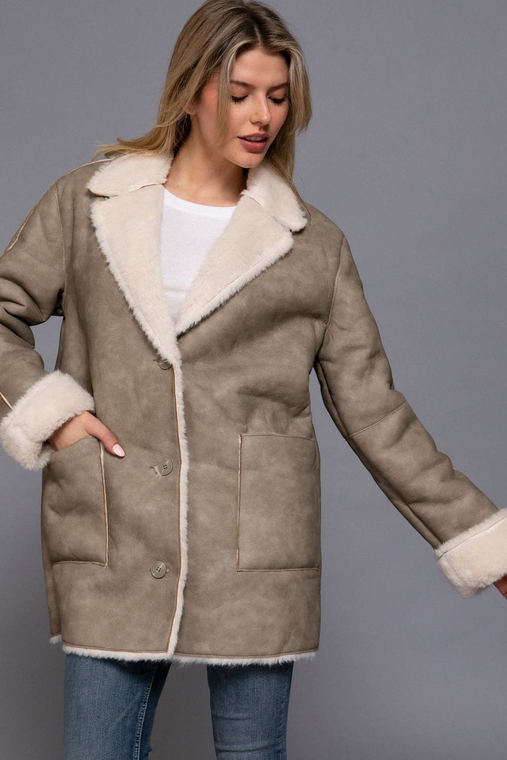 Lapel Collar Button Down Double Sided Faux Leather Coat