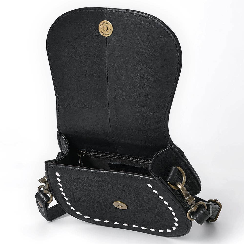Western Stitch Black Leather Crossbody - Cowgirl Saddle Purse: ADBGM592A