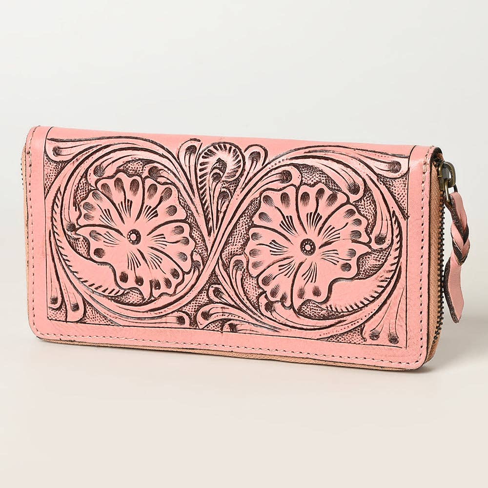 Hand Tooled Genuine Leather Floral Zip Organizer - Western Cowgirl Style pink