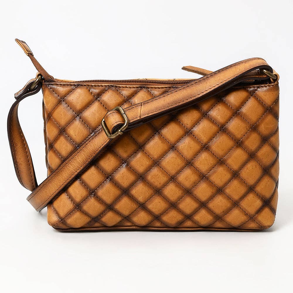 American Darling Quilted Tan Leather Crossbody Bag - Western Boot Stitch Small Rodeo Purse