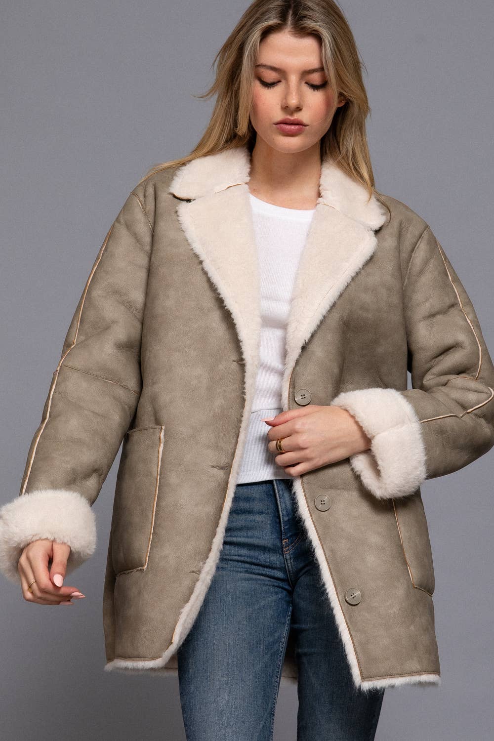 Lapel Collar Button Down Double Sided Faux Leather Coat