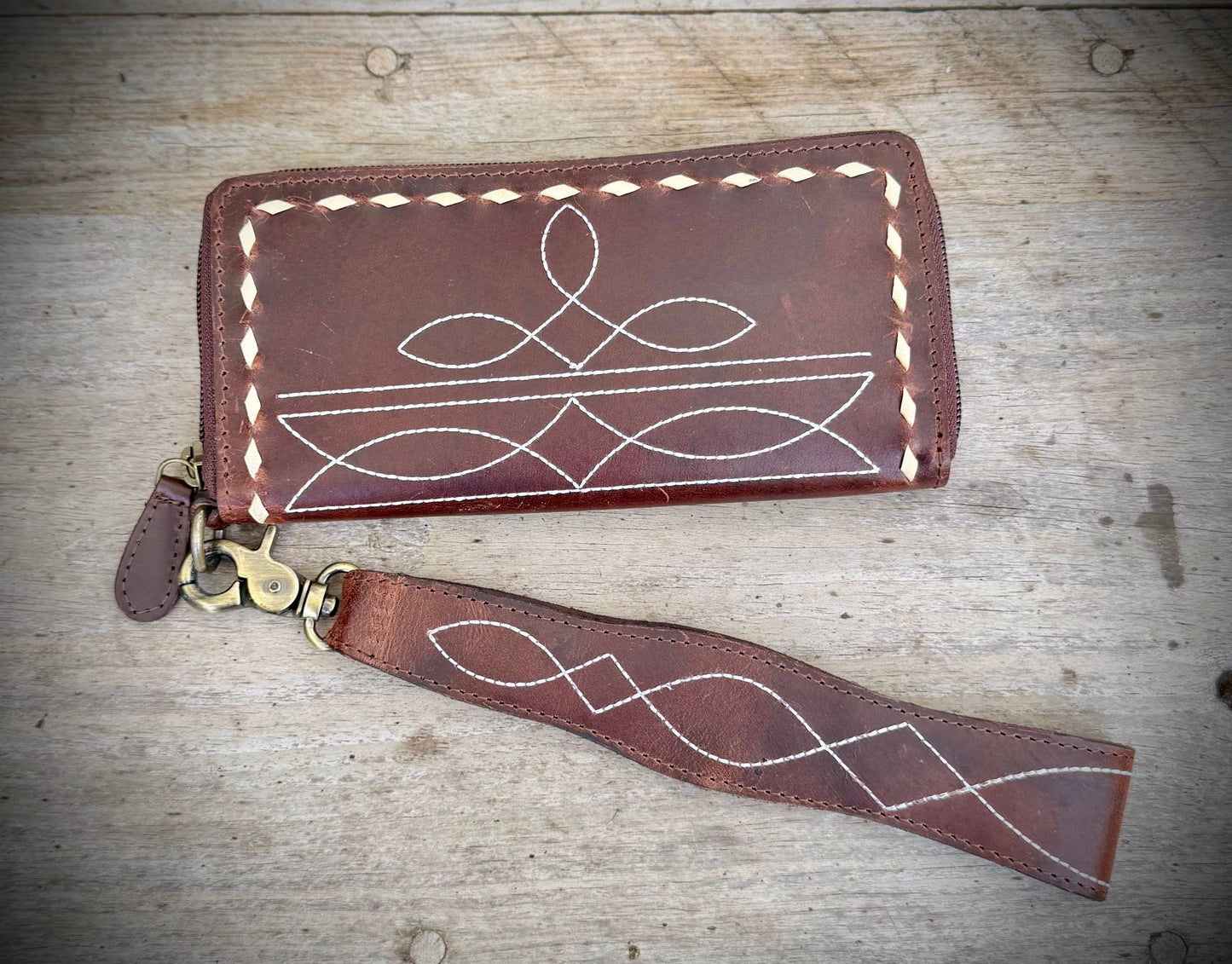 Western White Boot Stitch Leather Zipper Wallet Wristlet  