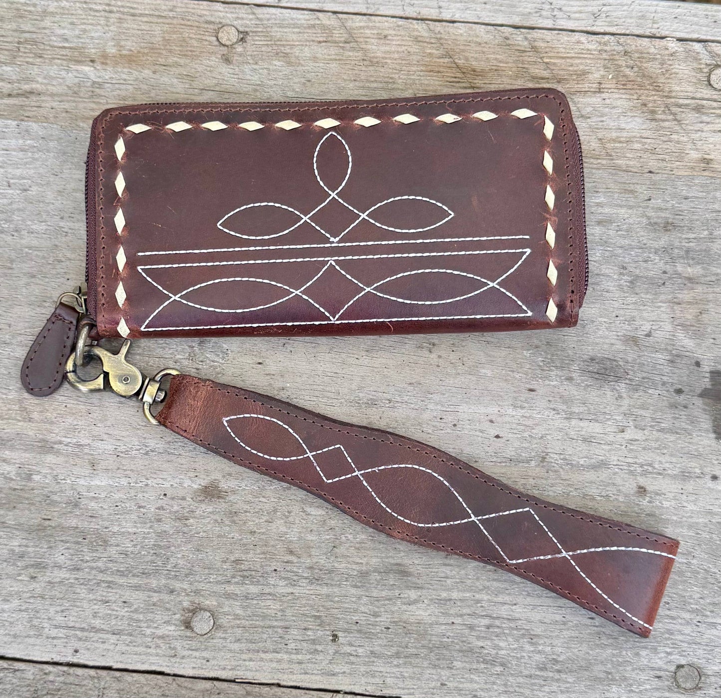 Western White Boot Stitch Leather Zipper Wallet Wristlet  