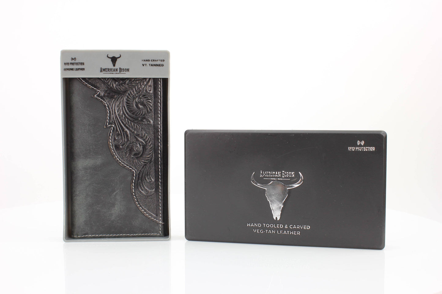 American Bison Oil Pull Up Tooled Leather Accent Rodeo Wallet Black