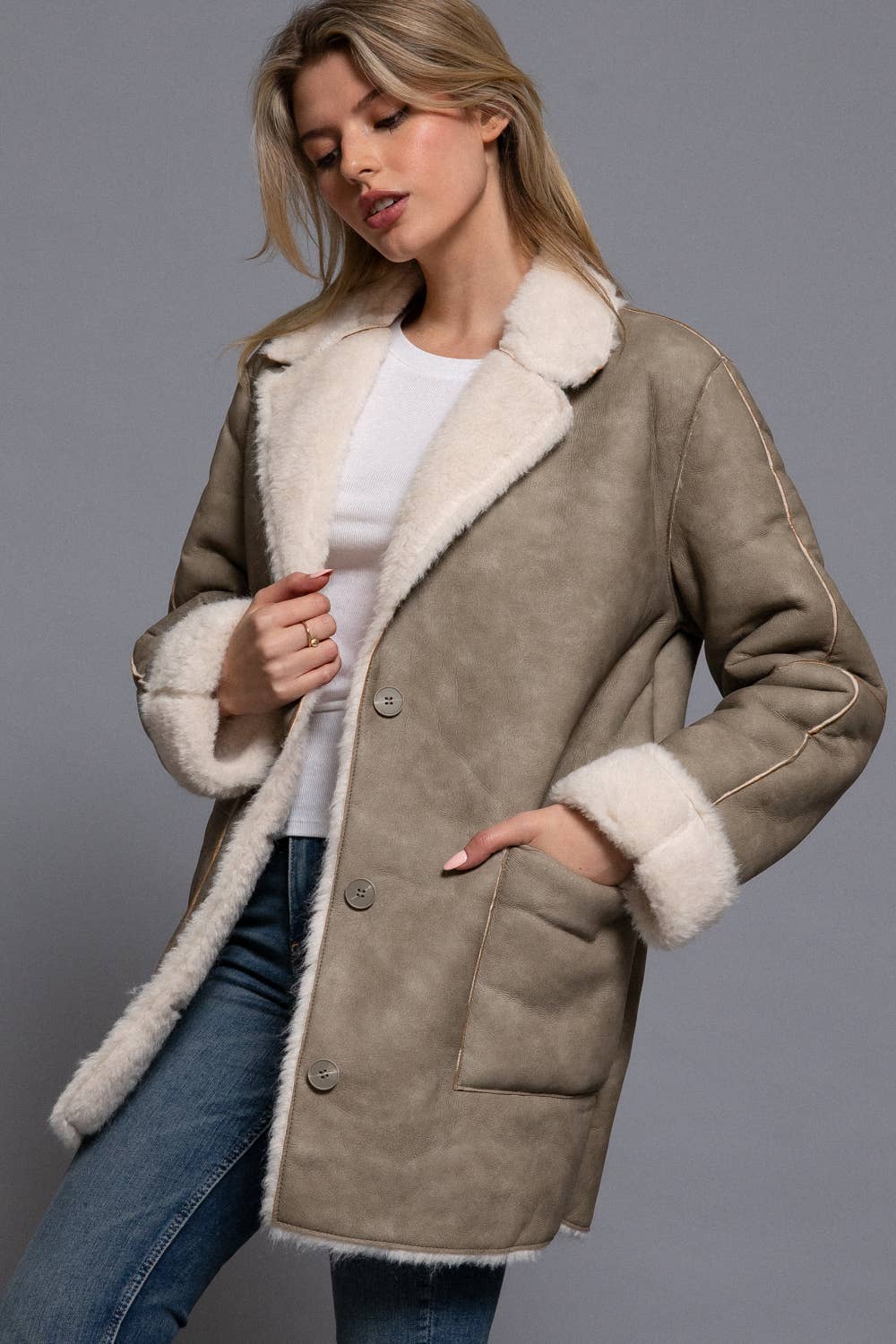 Lapel Collar Button Down Double Sided Faux Leather Coat