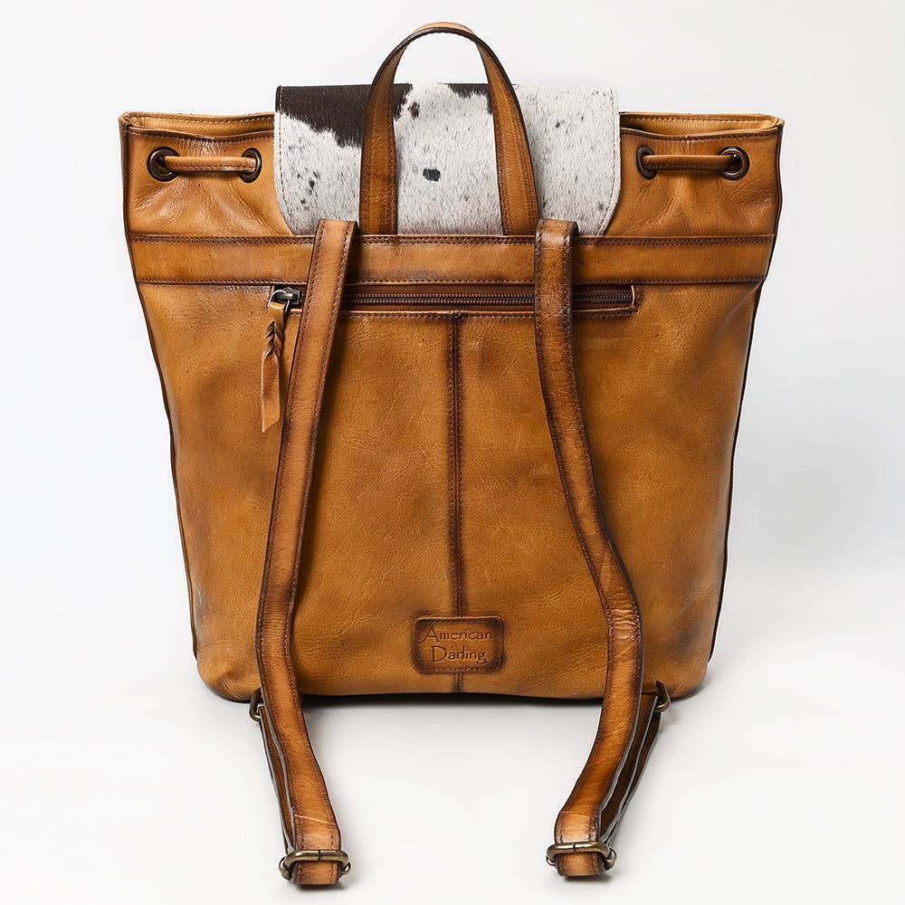 Quilted Leather & Cowhide Boot Stich Western Backpack - Handcrafted Drawstring Rodeo Bag