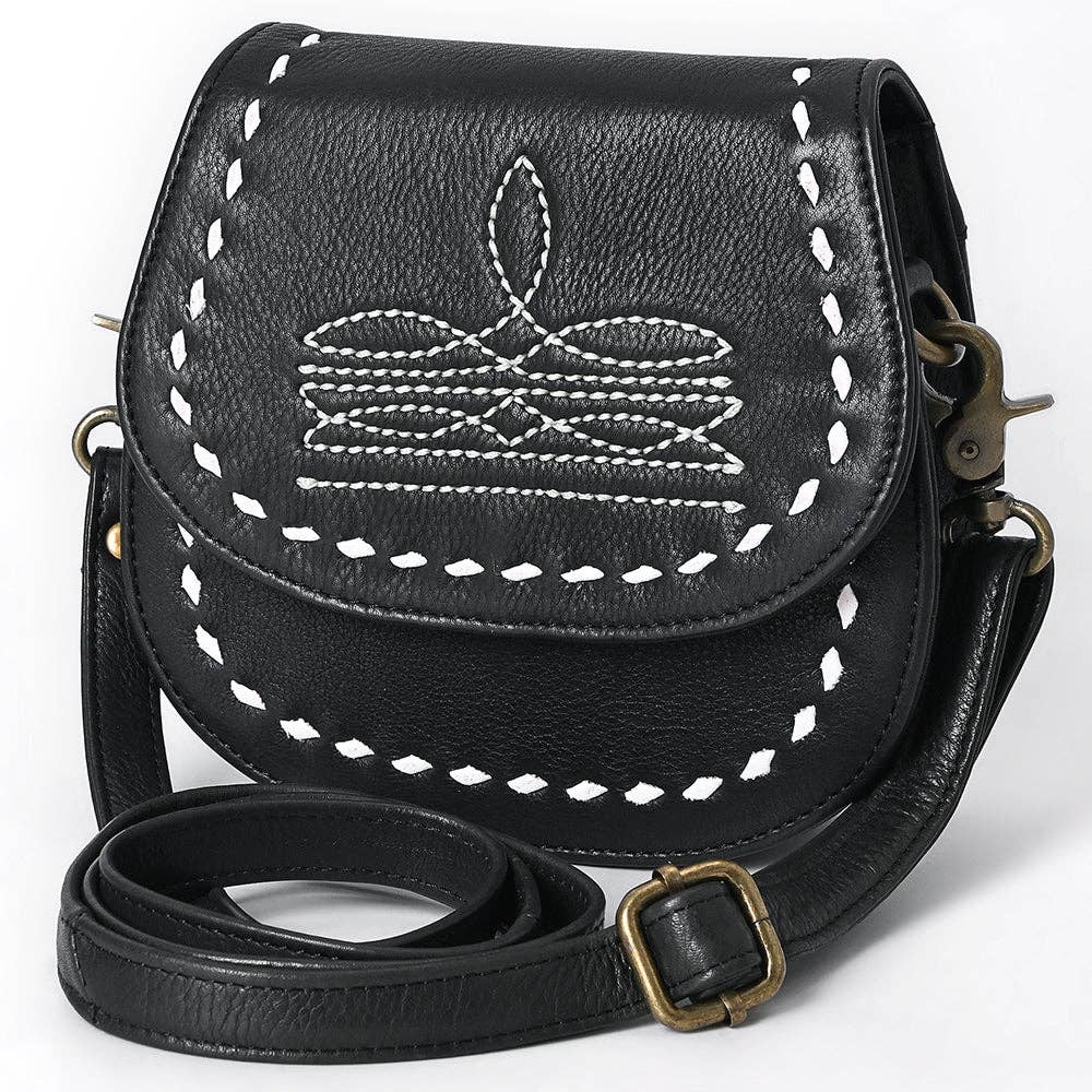 Western Stitch Black Leather Crossbody - Cowgirl Saddle Purse: ADBGM592A