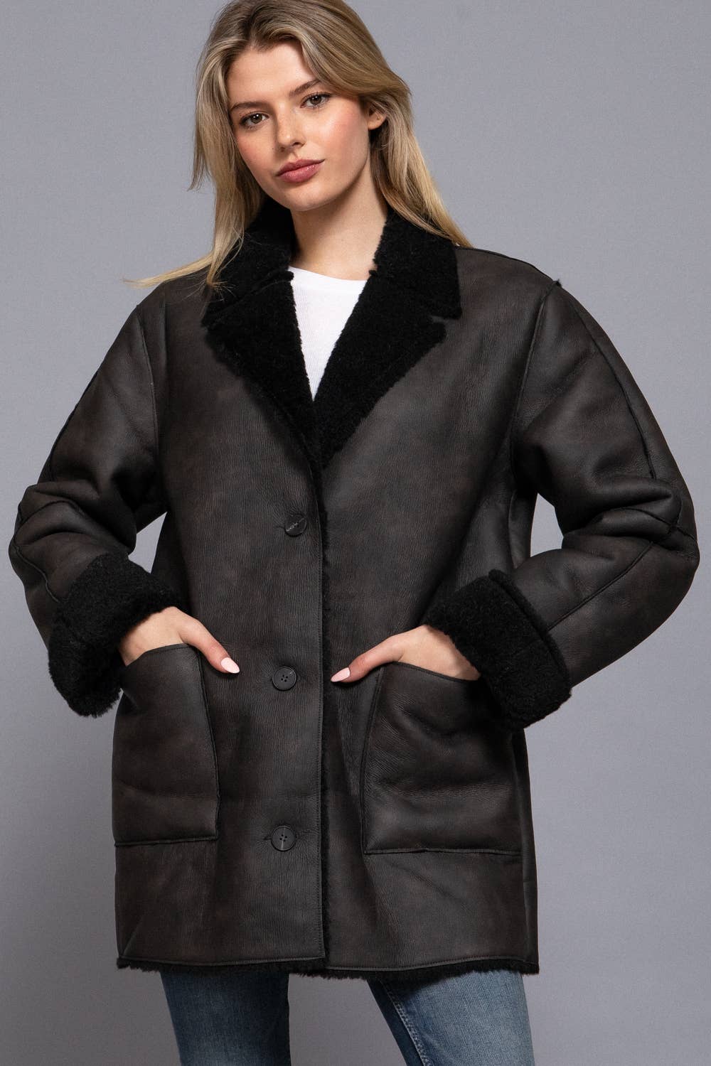 Lapel Collar Button Down Double Sided Faux Leather Coat