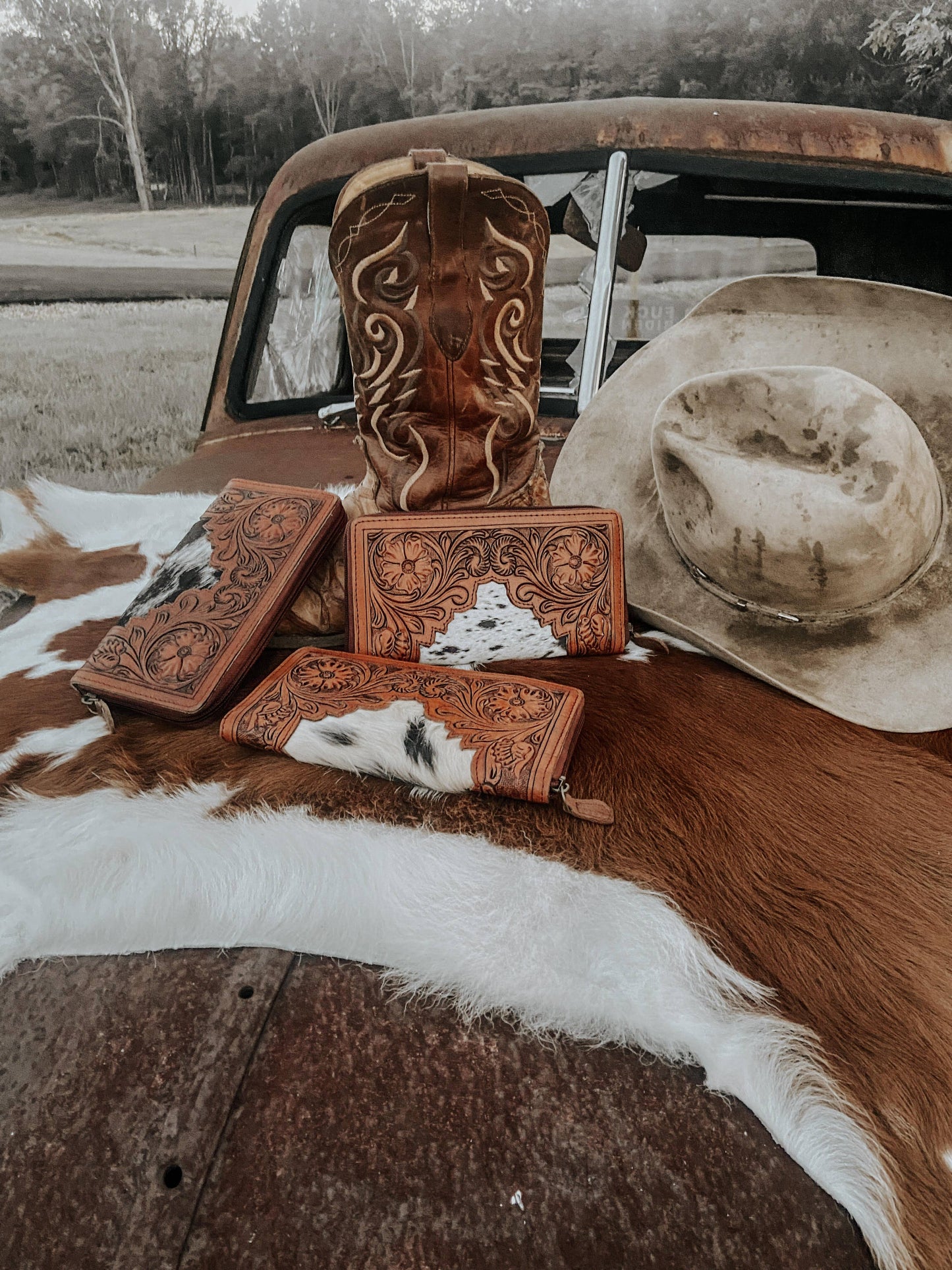 Tooled Leather Cowhide Womens Wallet Clutch