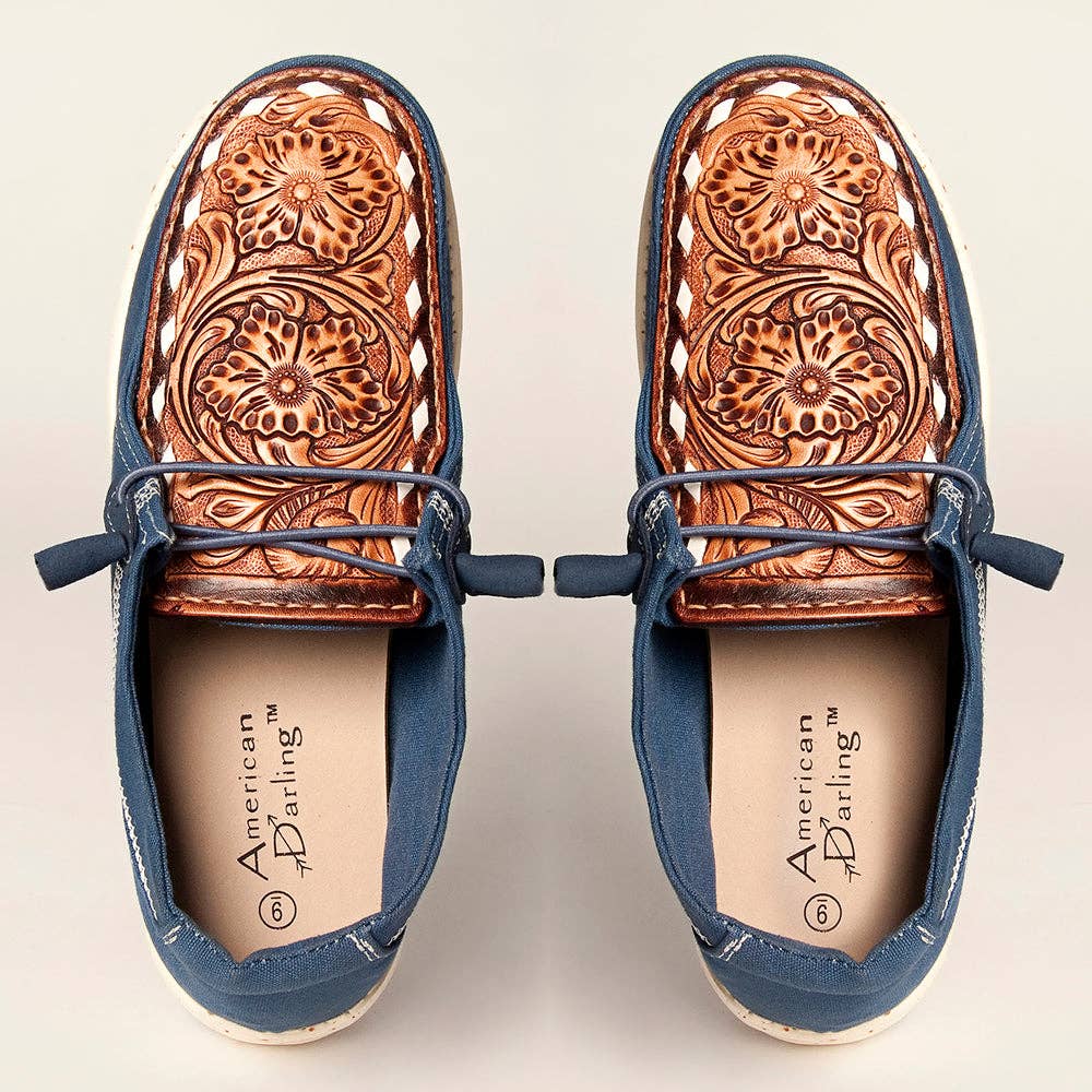 American Darling Slip-On Flats - Women's Blue Canvas Loafers with Tan Tooled Leather