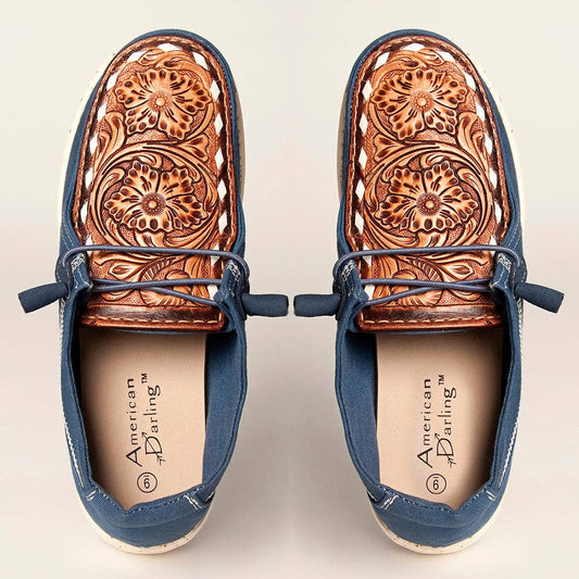 American Darling Slip-On Flats - Women's Blue Canvas Loafers with Tan Tooled Leather