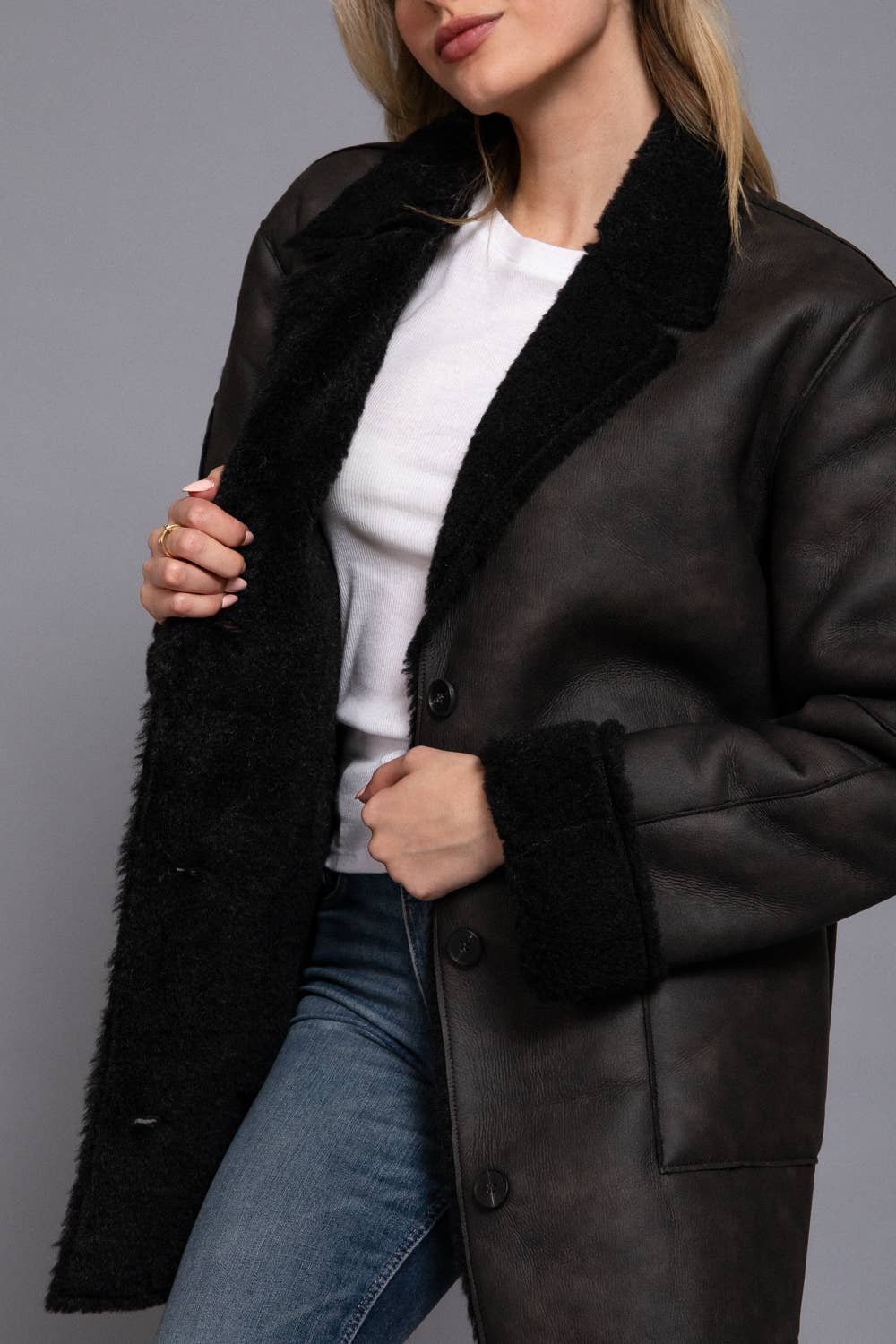Lapel Collar Button Down Double Sided Faux Leather Coat