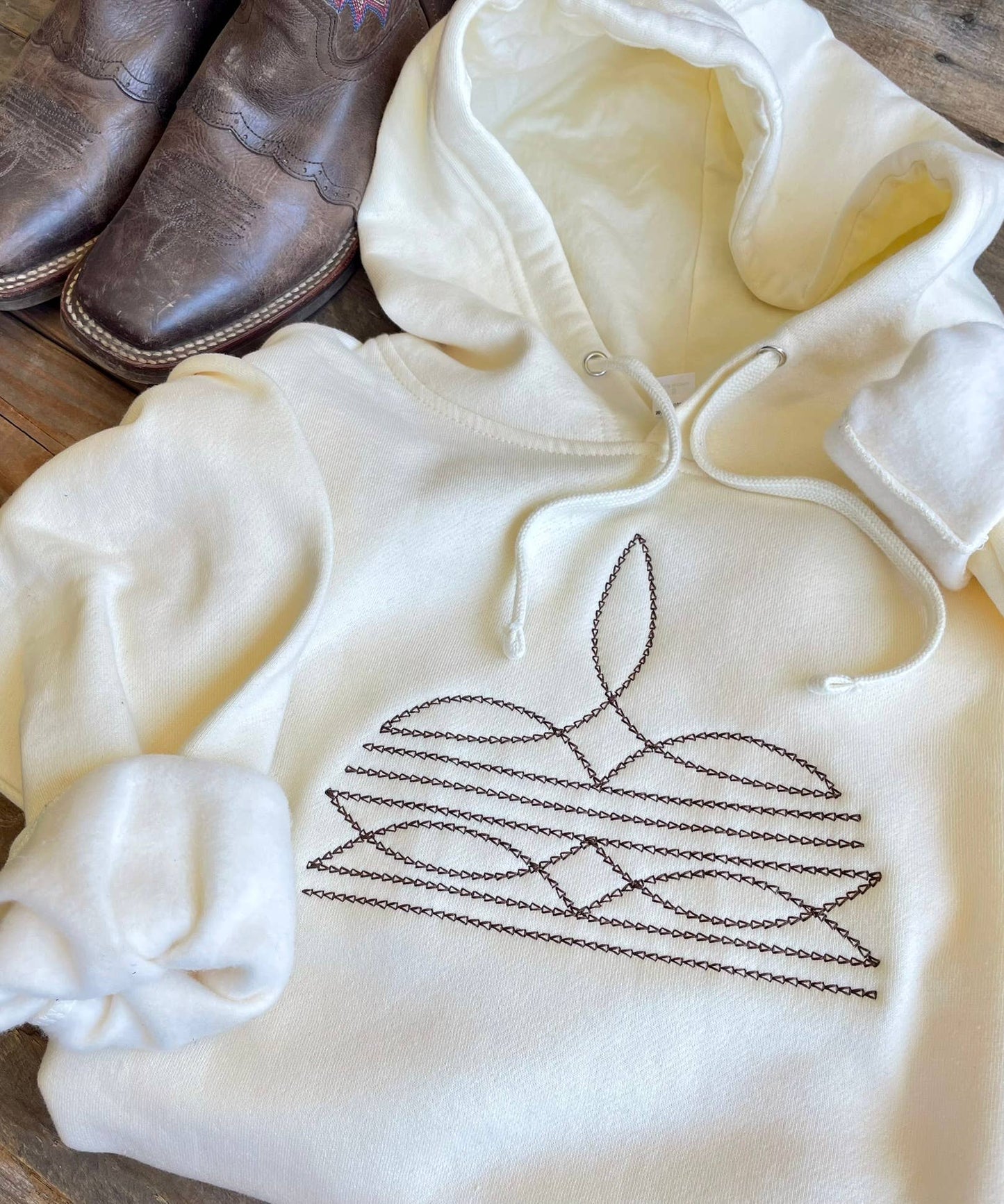 BOOT STITCH EMBROIDERED HOODIE: Cream