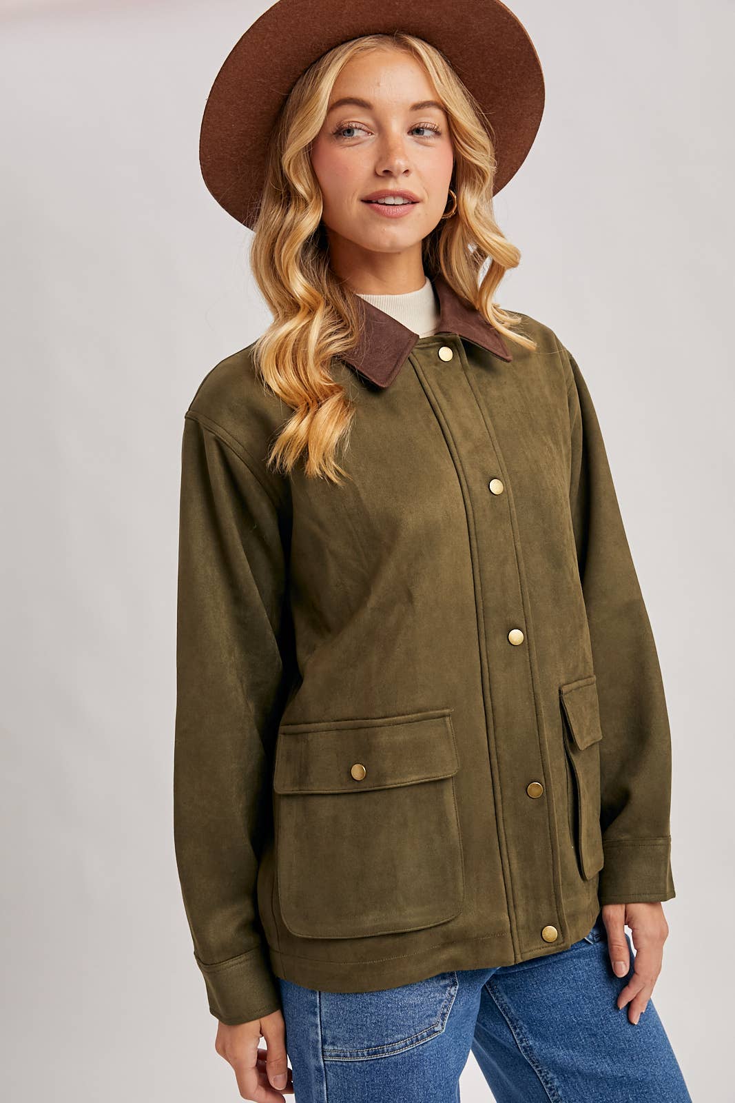 Bluivy - BUTTON DOWN FAUX SUEDE BARBOUR JACKET: OLIVE