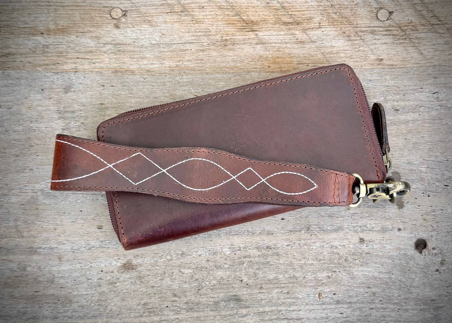 Western White Boot Stitch Leather Zipper Wallet Wristlet  