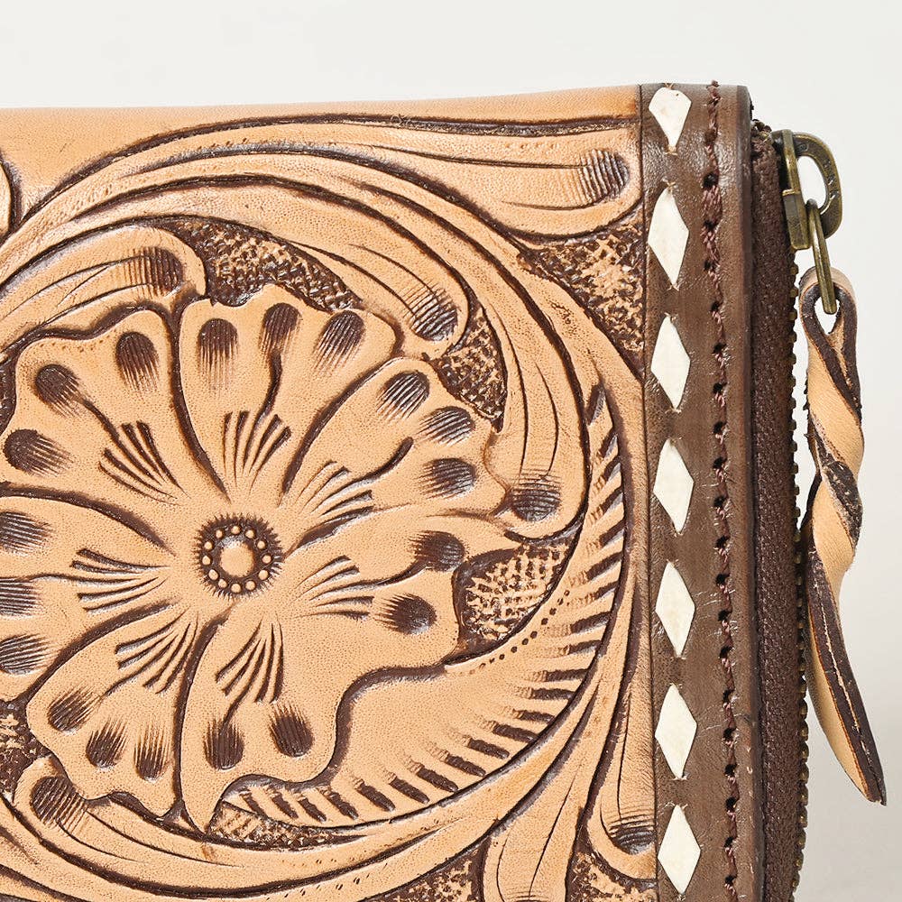 Hand Tooled Genuine Leather Floral Zip Organiser - Western Cowgirl Style