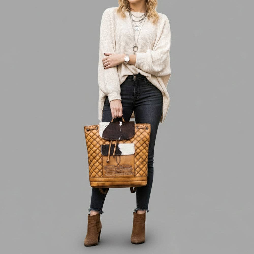 Quilted Leather & Cowhide Boot Stich Western Backpack - Handcrafted Drawstring Rodeo Bag