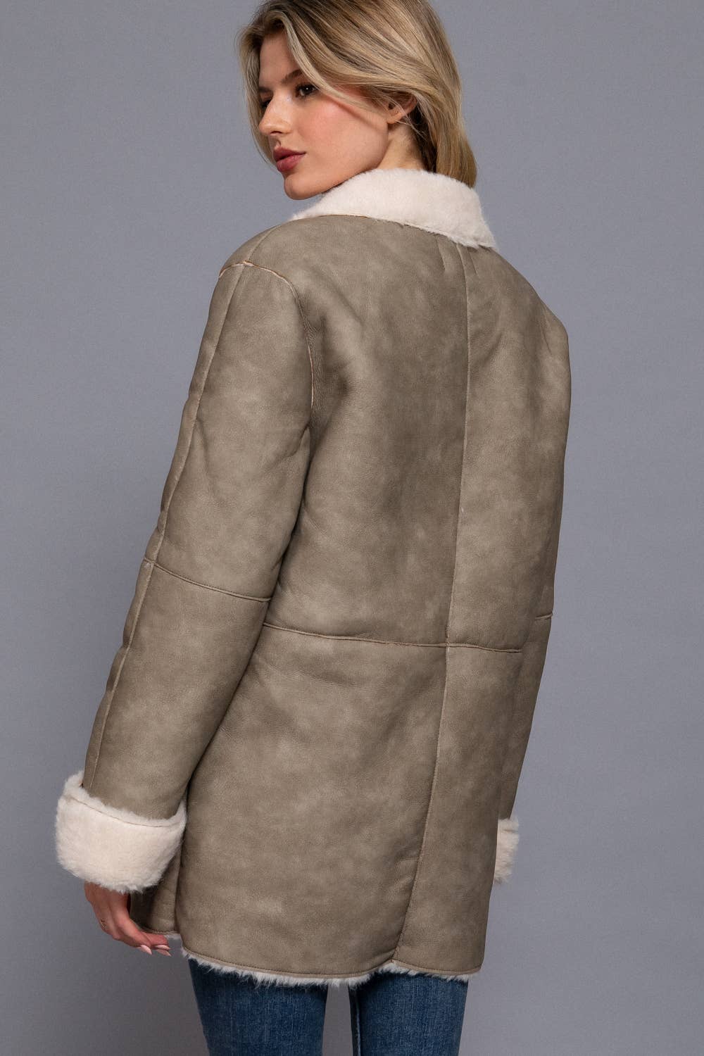 Lapel Collar Button Down Double Sided Faux Leather Coat