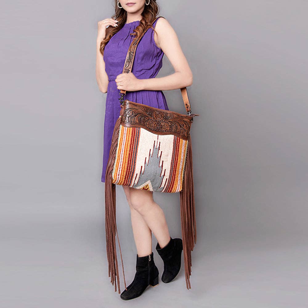 American Darling Tooled Leather & Tribal Wool Crossbody Bag - Western Fringe Shoulder Purse