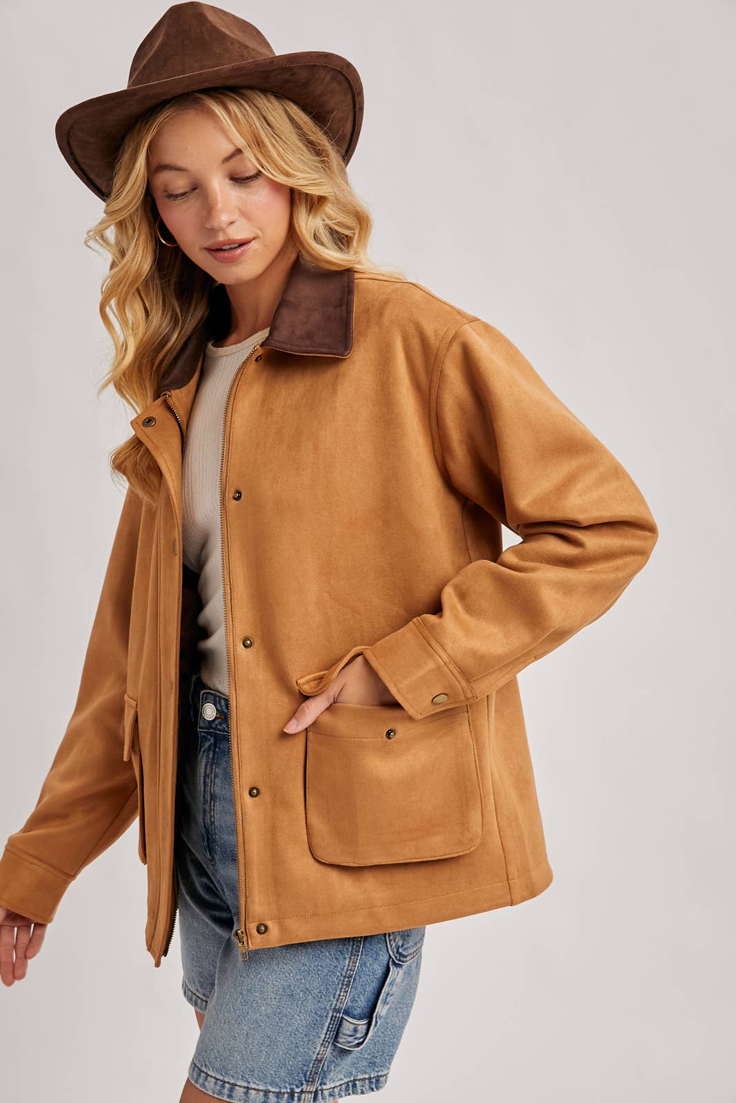 Bluivy - BUTTON DOWN FAUX SUEDE BARBOUR JACKET: CAMEL