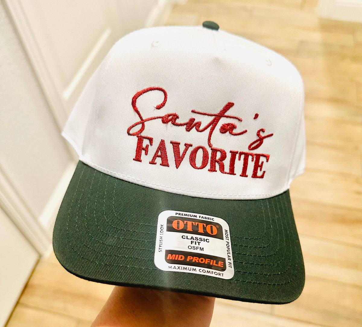 Santas Favorite Embroidered Vintage Hat: Otto Forest Green and White