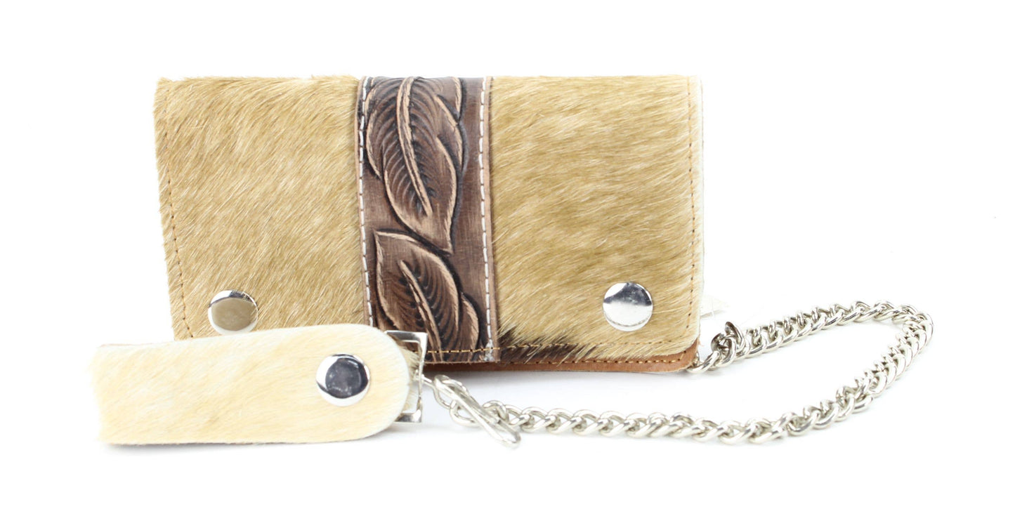 Brown hair on hide tooled leather chain wallet