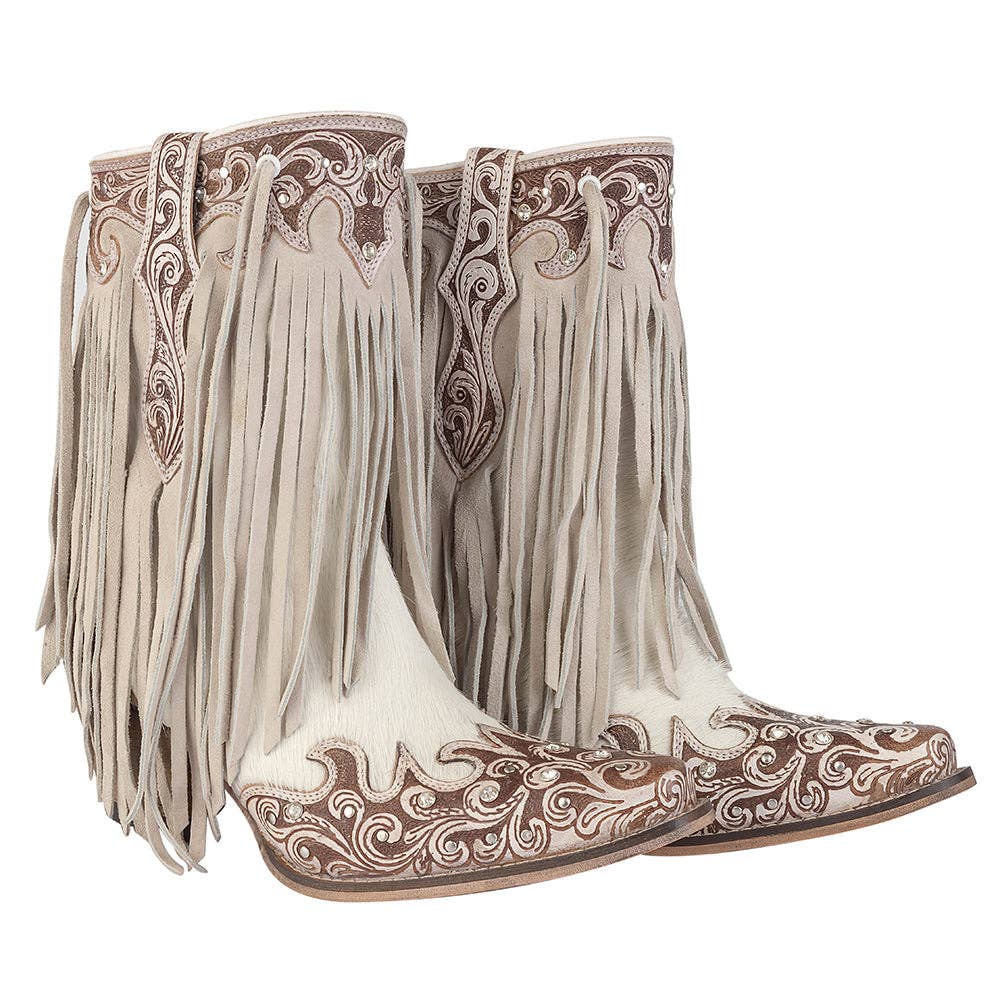 Hannah Canyon Fringed Hand-tooled Boots: Brown