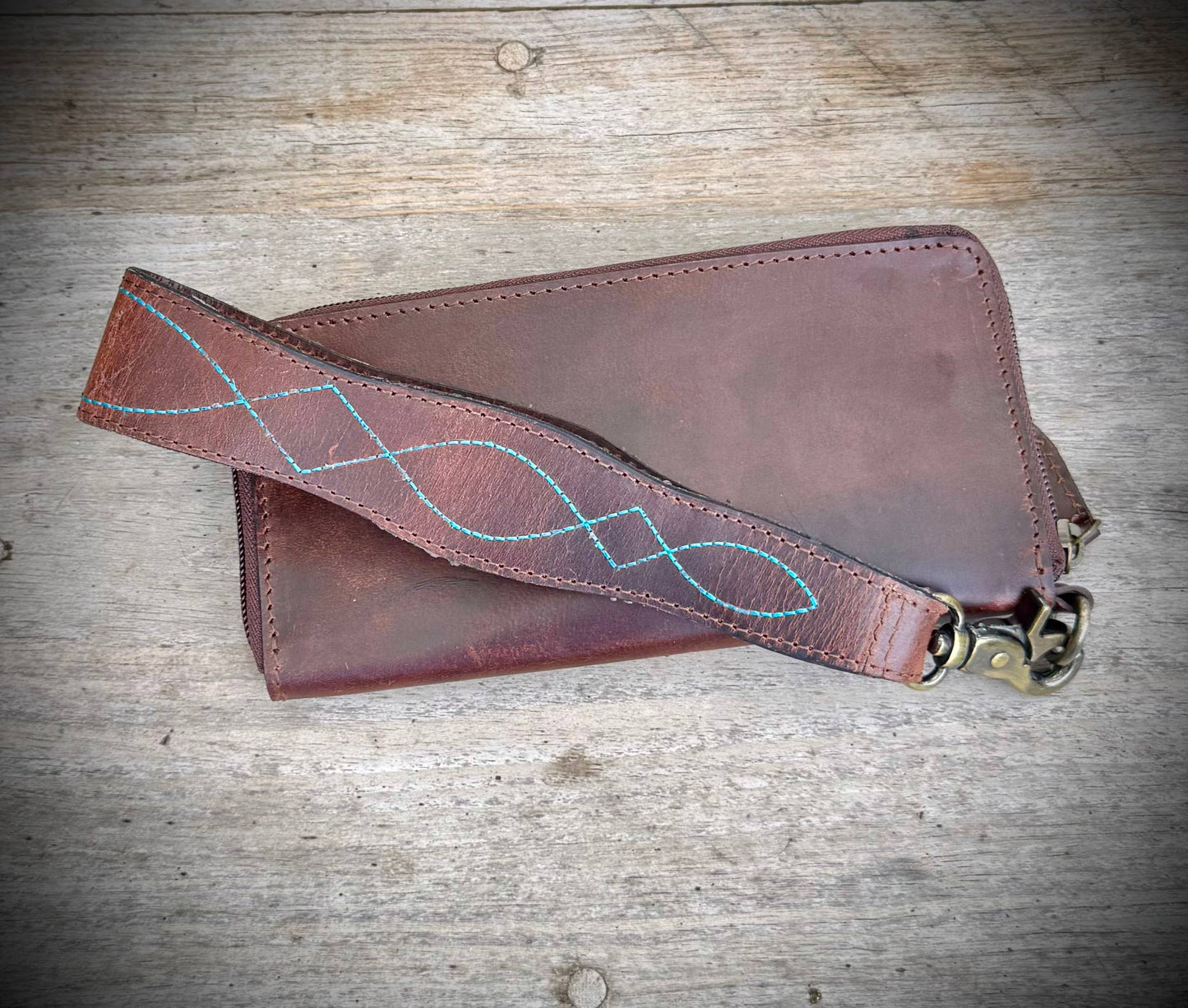 Leather Boot Stitch Zipper Wallet Wristlet