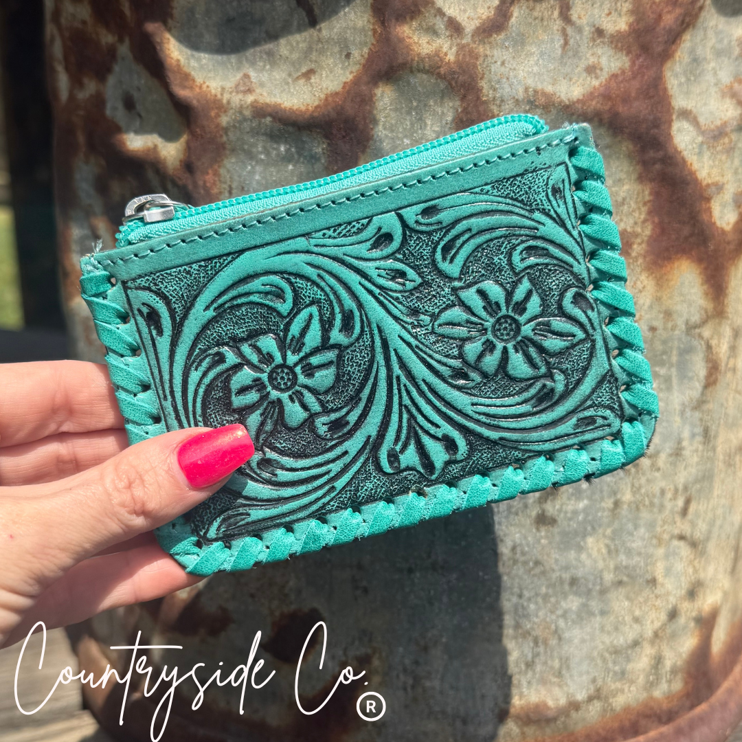 Tooled Leather Pouch, Bag Organizer Pink