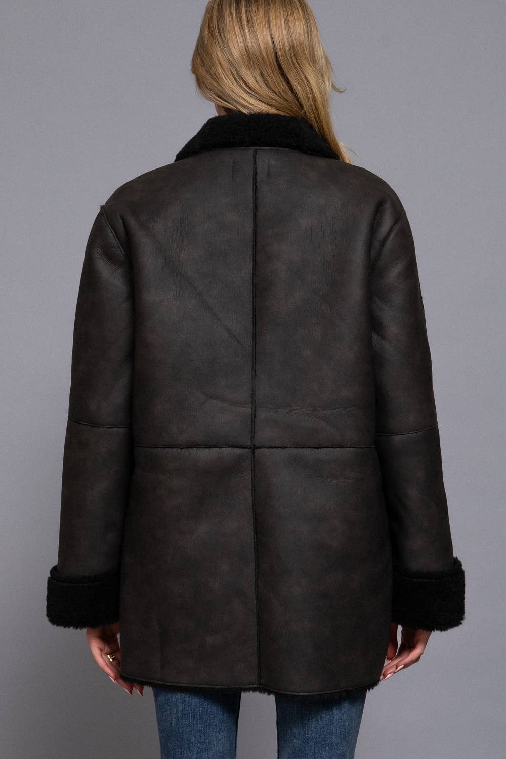 Lapel Collar Button Down Double Sided Faux Leather Coat