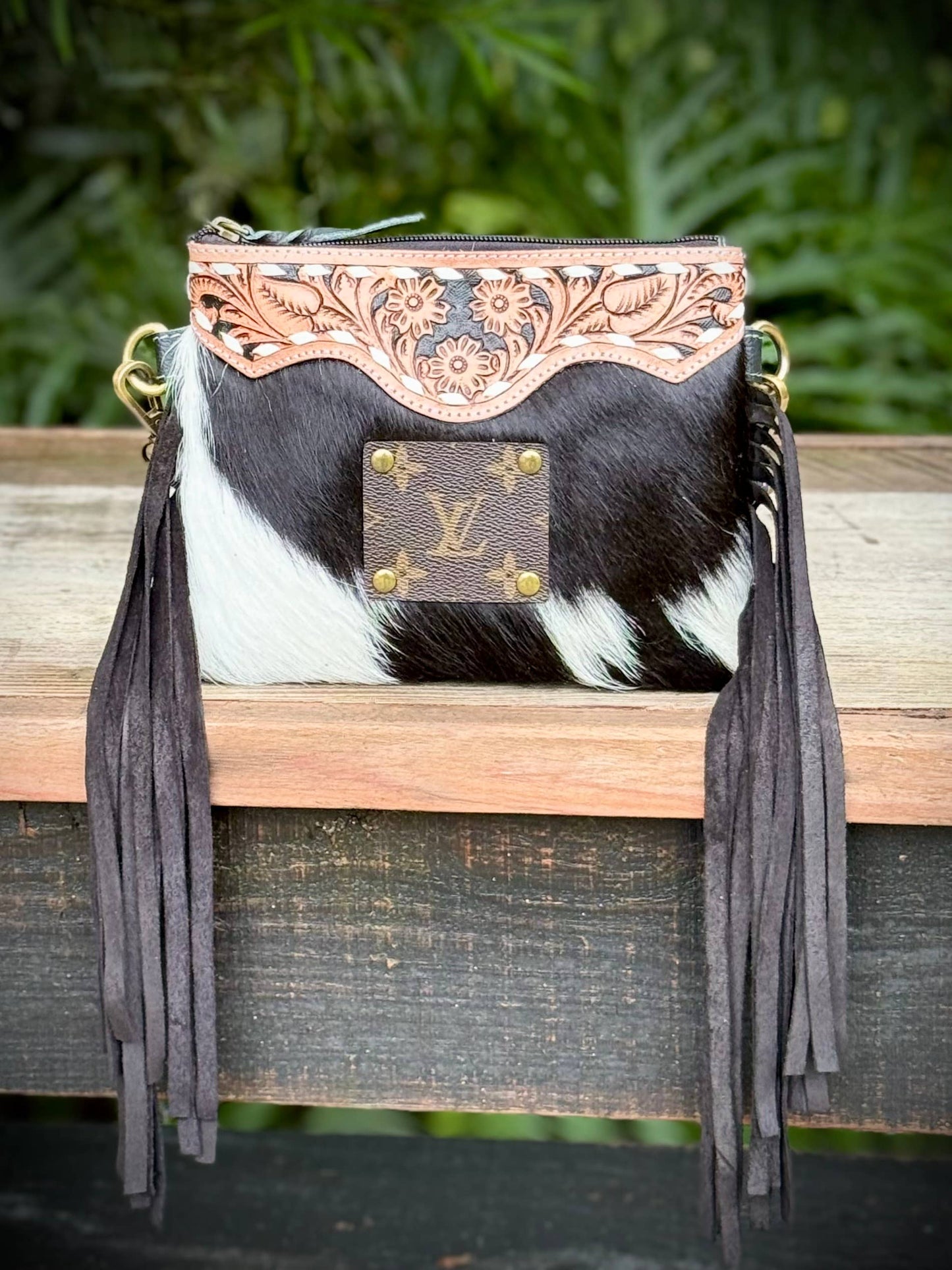Upcycled LV Cowhide Leather Crossbody Wristlet Bag Western 