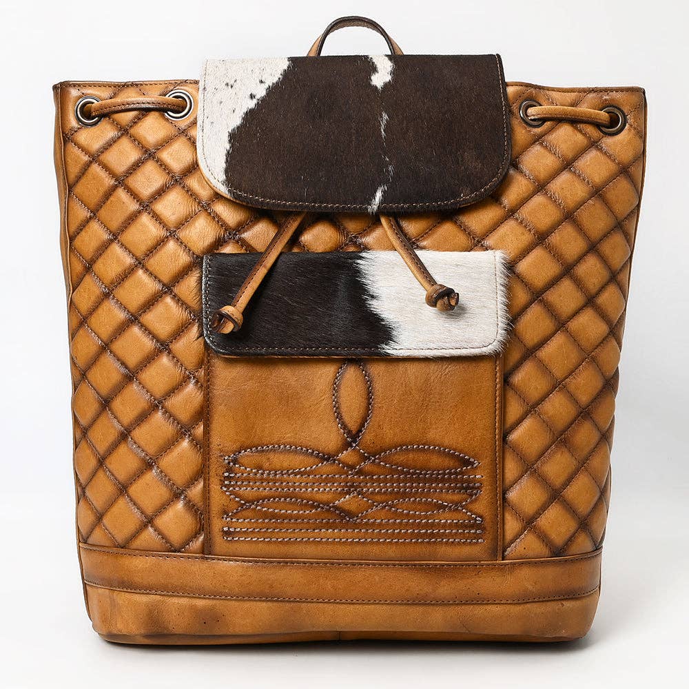 Quilted Leather & Cowhide Boot Stich Western Backpack - Handcrafted Drawstring Rodeo Bag
