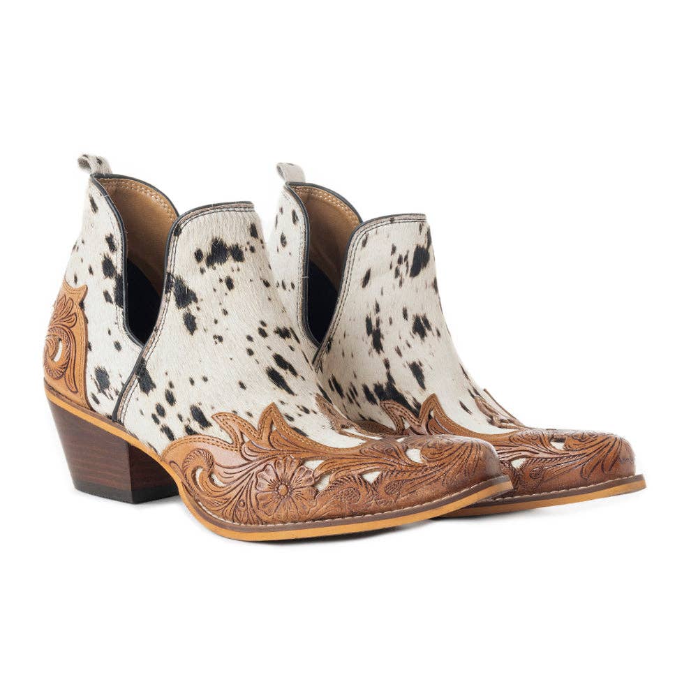 West Street Western Hand-Tooled Booties: Black And White