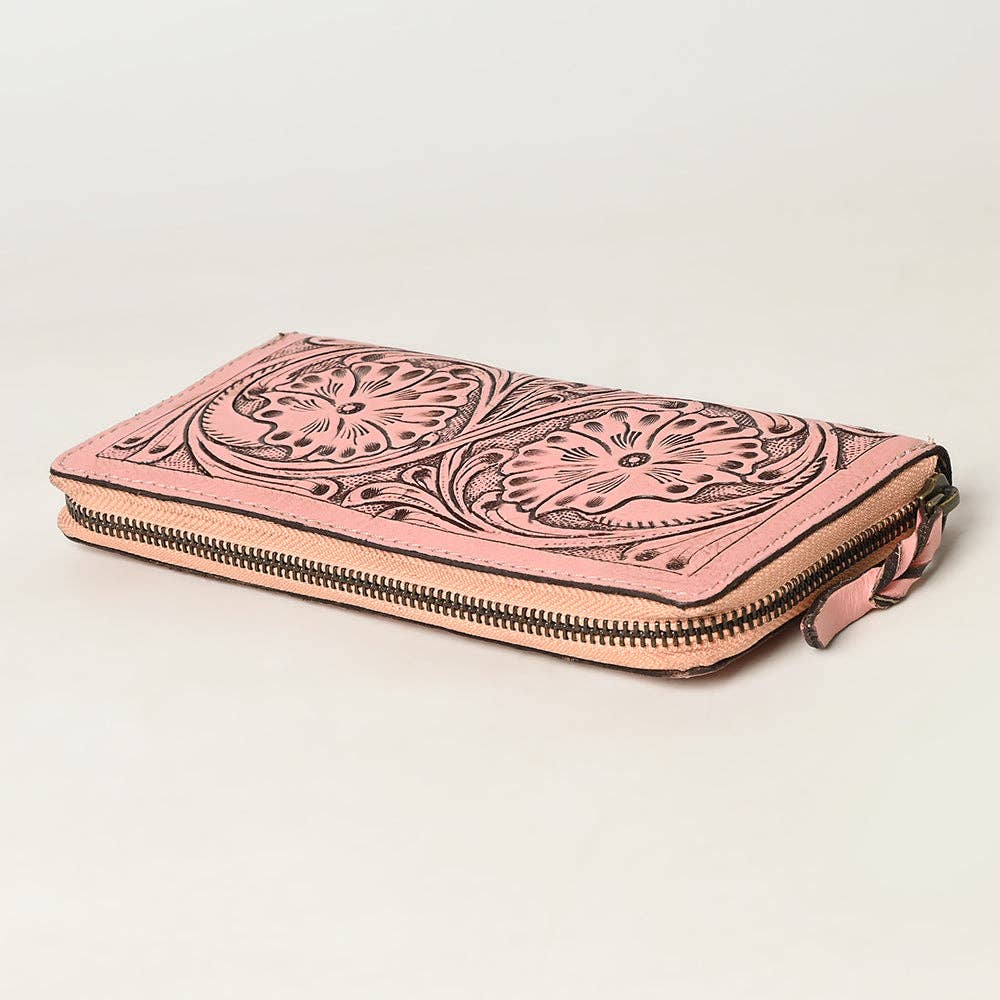 Hand Tooled Genuine Leather Floral Zip Organizer - Western Cowgirl Style pink